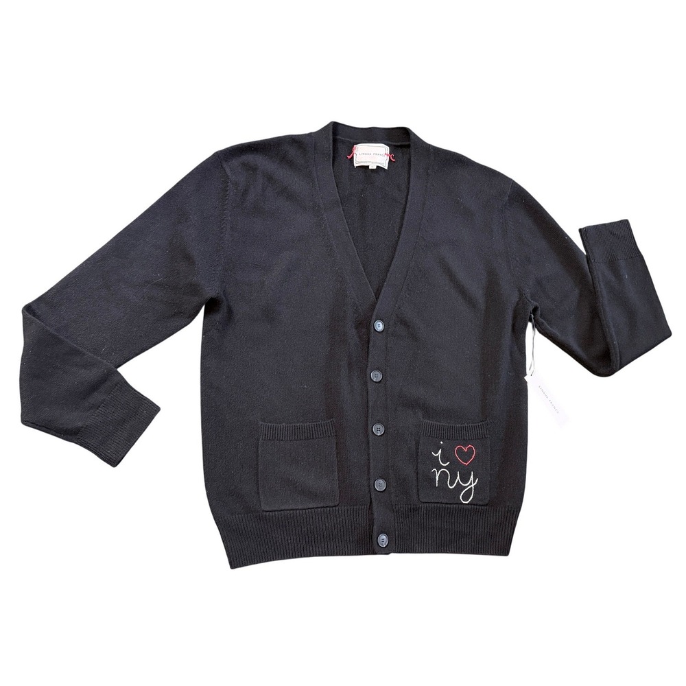 NEW Lingua Franca Black 100% Cashmere I Love NY Hand Stitched Cardigan XL